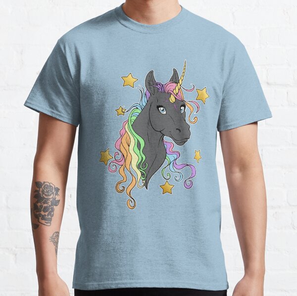 Black Unicorn Rainbow Mane with Stars Classic T-Shirt