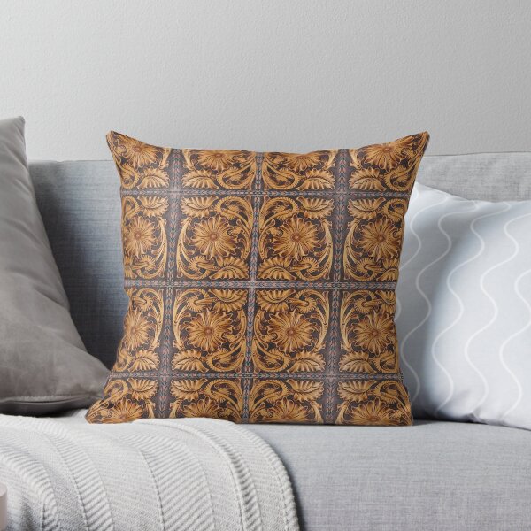 204, Faux Tooled Brown Leather, Prairie Flower Pattern Throw Pillow