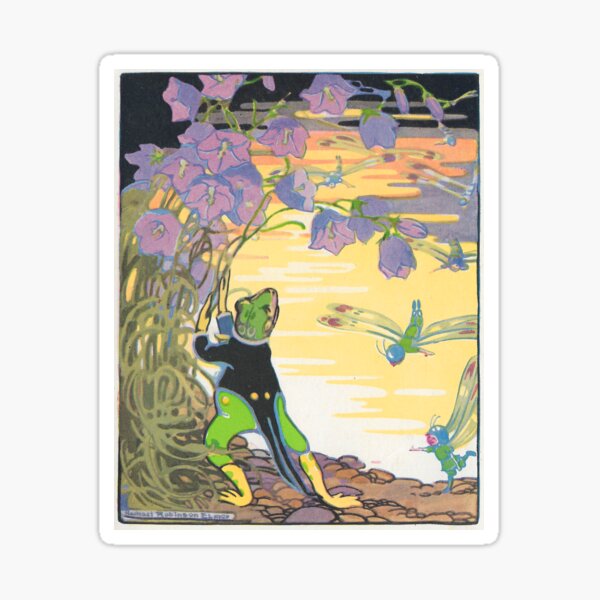 Humanized Frog at Pond's Edge among Little People by Rachael Robinson Elmer Sticker