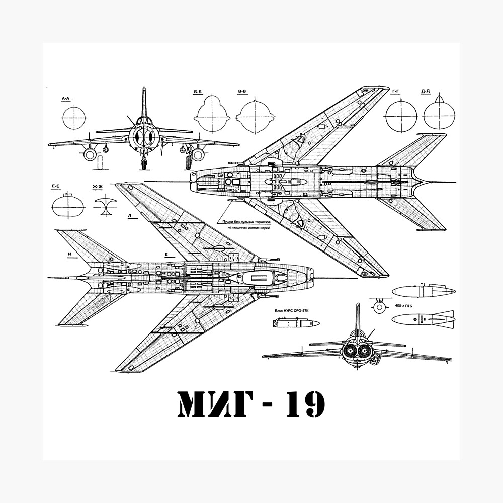 Mig - 19 - Russian Jet Fighter Airplane - Blueprint Drawing Metal Print  For Sale By Bergulator | Redbubble