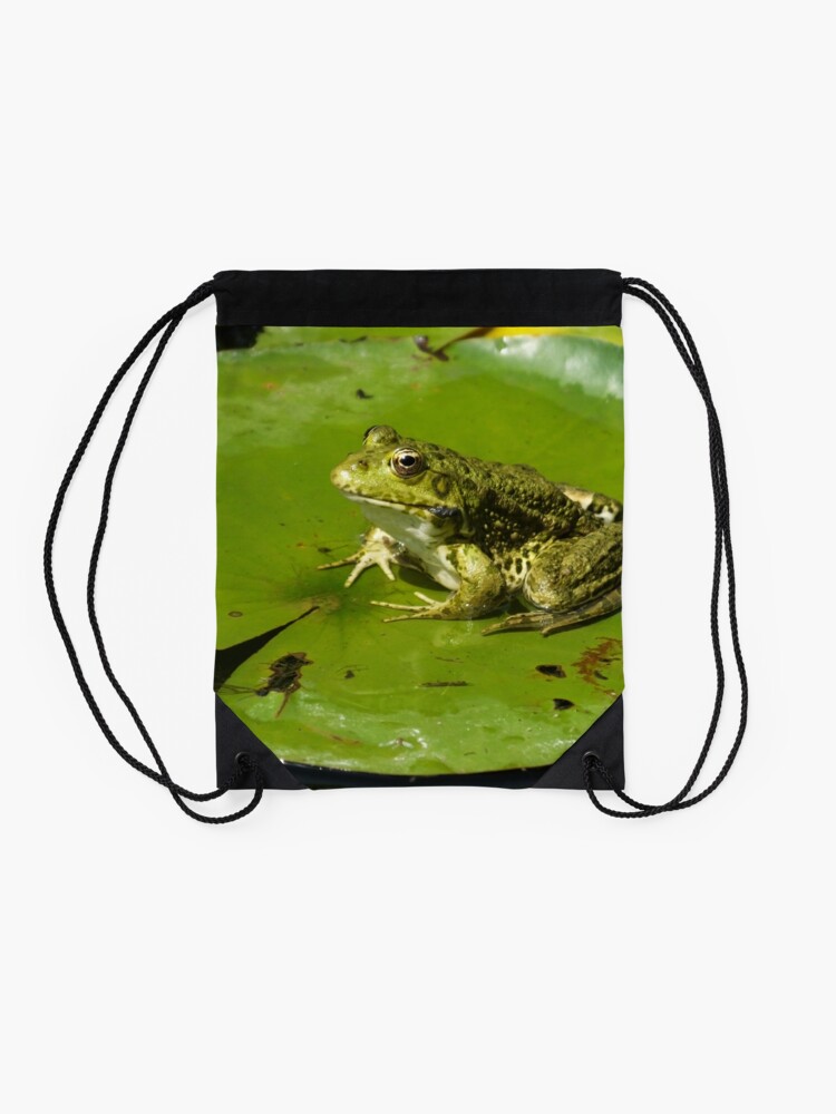 Alternate view of Green frog, green lily pad Drawstring Bag