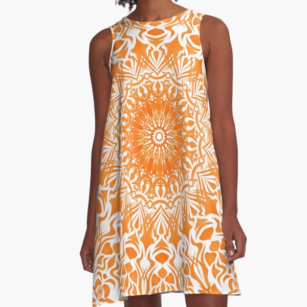 Tribal Mandala orange mit weißem Hintergrund A-Linien Kleid