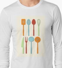 Kitchen Utensil Colored Silhouettes on Cream Long Sleeve T-Shirt