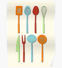 Kitchen Utensil Colored Silhouettes on Cream Poster
