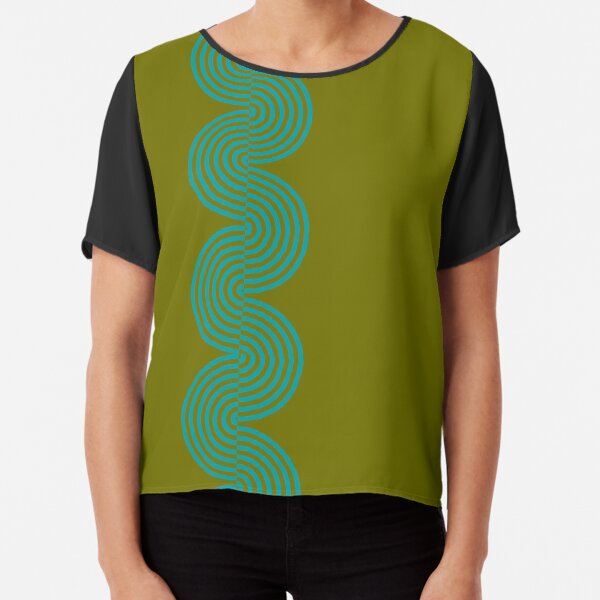 groovy minimalist pattern: aqua waves on olive Chiffon Top