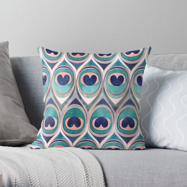 Peacock Feathers Eye // teal blue and metal coral rose Throw Pillow