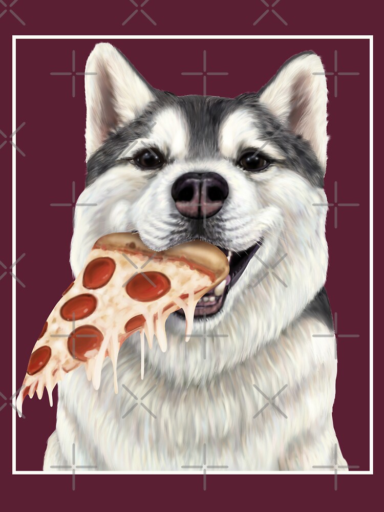 "Schlittenhund, der Pizza isst Hund mit einer Scheibe der Pizza" T