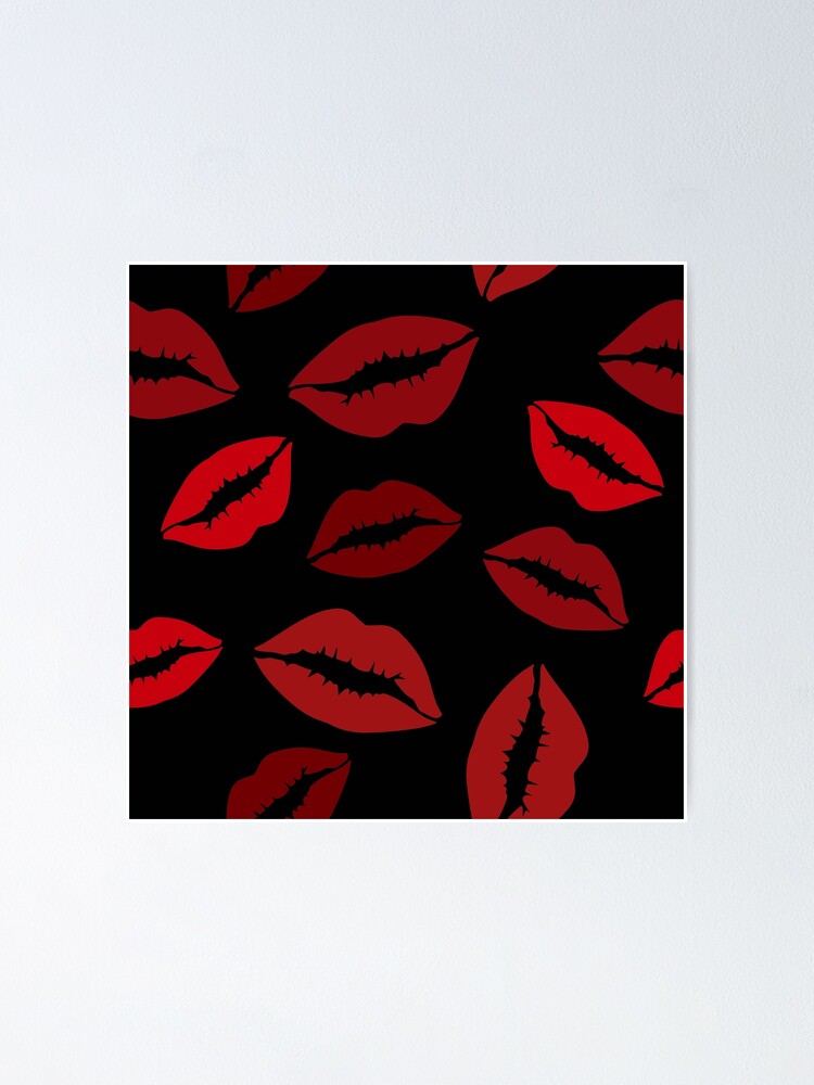 Seamless Pattern Of Red Lips On Black Background Poster By Nskov Redbubble