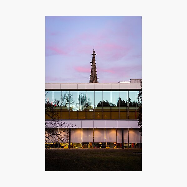Item preview, Abstract composition of new modern glass building and church tower, sunset  time designed and sold by Alexander Sorokopud.