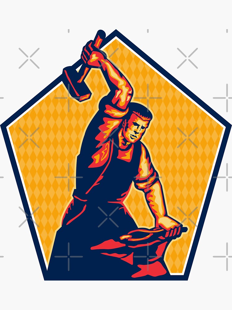 "Blacksmith Worker Striking Sledgehammer Anvil Retro" Sticker by