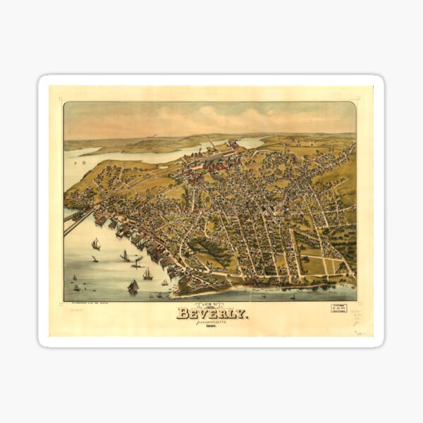 "Vintage Pictorial Map of Beverly MA (1886)" Sticker by BravuraMedia