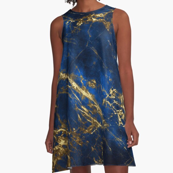 Exquisite Blue Marble With Luxury Gold Veins A-Line Dress