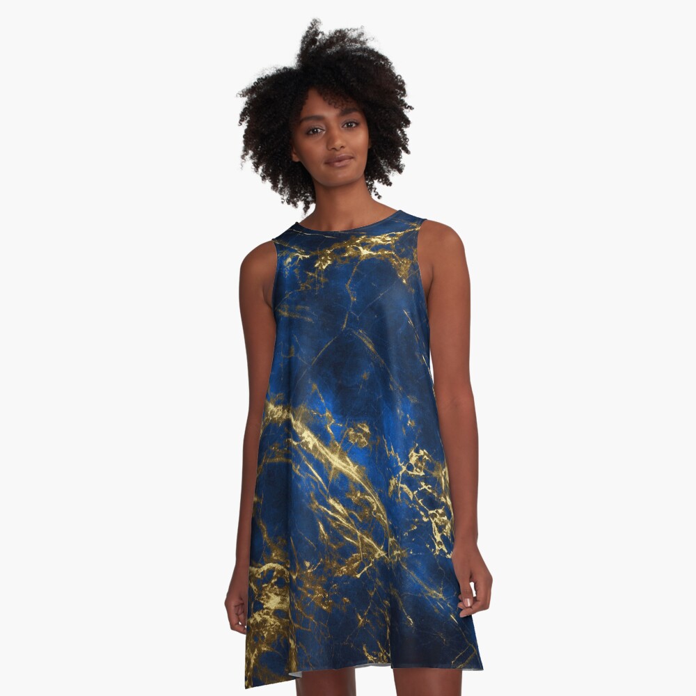 Exquisite Blue Marble With Luxury Gold Veins A-Line Dress