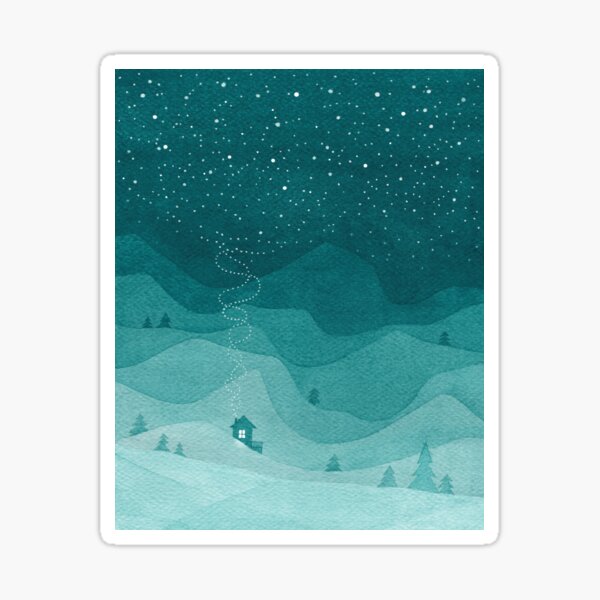 Stars factory, teal mountains house watercolor landscape Sticker