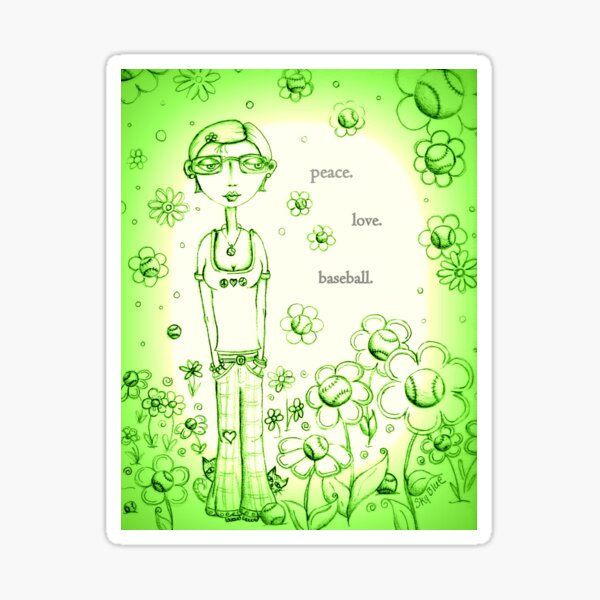 Green Peace Love and Baseball - Whimsical Folk Art Girl Sticker