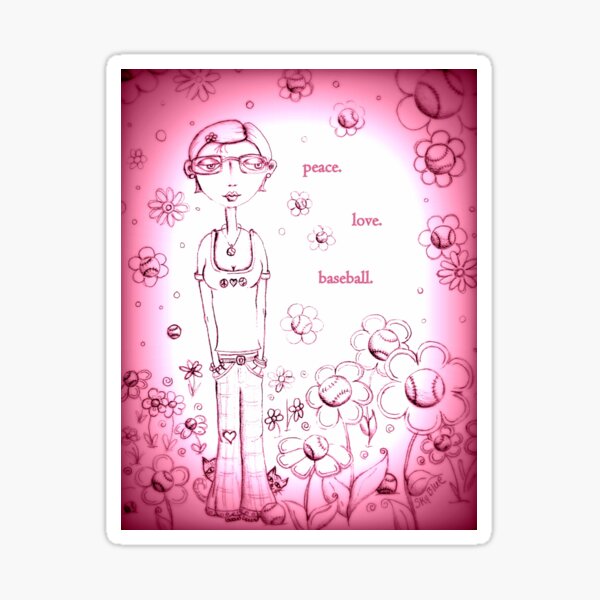 Magenta Peace Love and Baseball - Whimsical Folk Art Girl Sticker