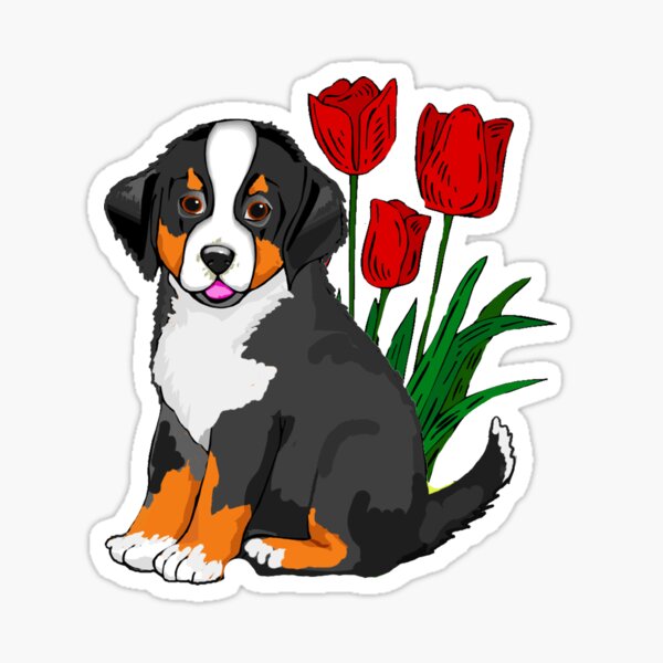 Item preview, Bernese Mountain dog puppy with tulips designed and sold by IowaArtist.