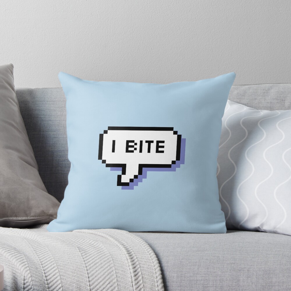 I Bite - Pixel Speech Bubble (Blue) Throw Pillow