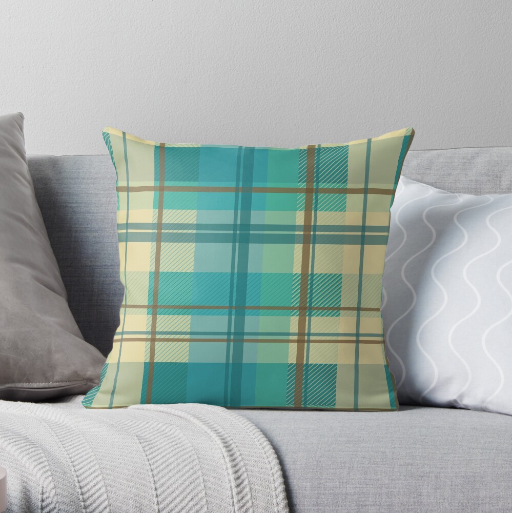 early summer plaid in calming cream, beige and turquoise seamless pattern Throw Pillow