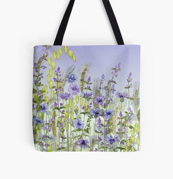 Blue Flower Field - Cornflowers, Catmint & Wheat Ears All Over Print Tote Bag