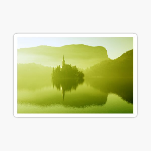 Church in mist on Lake Bled Slovenia Sticker
