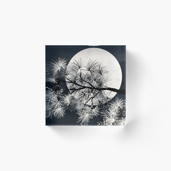 Pine Tree with Moon Graphic black and white Print Acrylic Block