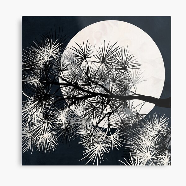 Pine Tree with Moon Graphic black and white Print Metal Print