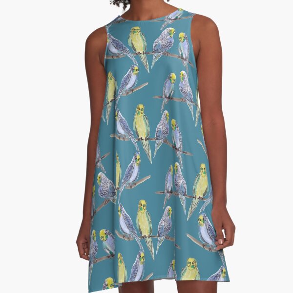 Bird on teal watercolor A-Line Dress