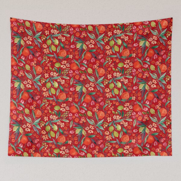 Item preview, Clementines and limes watercolor on red designed and sold by Laura Wright.