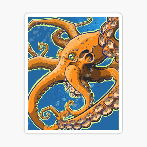 Tangerine Octopus on Blue Background Sticker