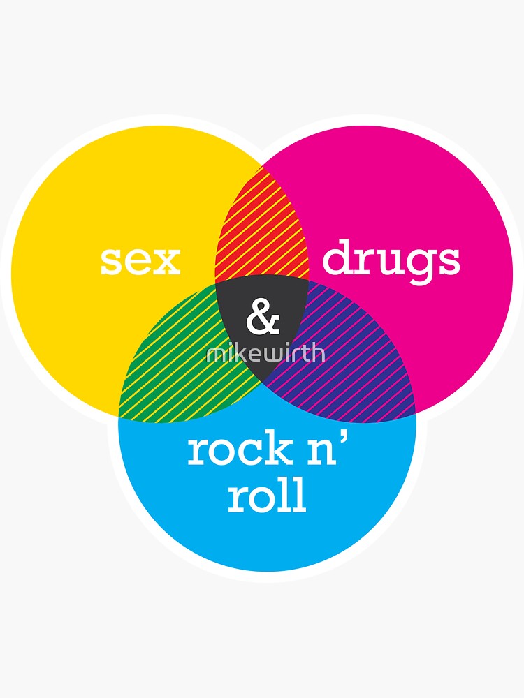 Pegatina Sexo Drogas Y Rock N Roll Diagrama De Venn De Mikewirth Redbubble 