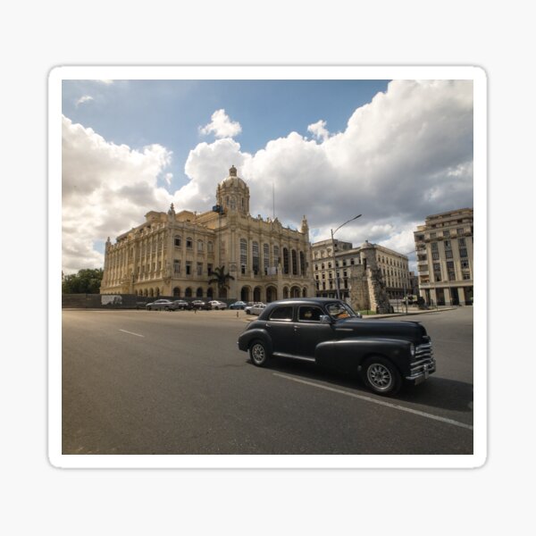 Black american car passing in front of the Revolution Museum, La Havana, Cuba. Sticker