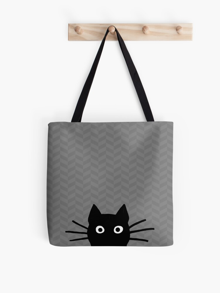 Bolsa de la compra de yute con ribete negro Small negro diseño de gato escondido 