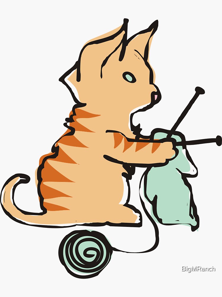 "Cute cat knitting needles ball of yarn" Sticker for Sale by BigMRanch Redbubble