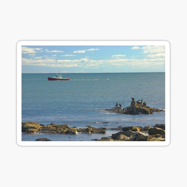 Lobster Boat Working off Rocky Seawall Beach Acadia National Park Sticker