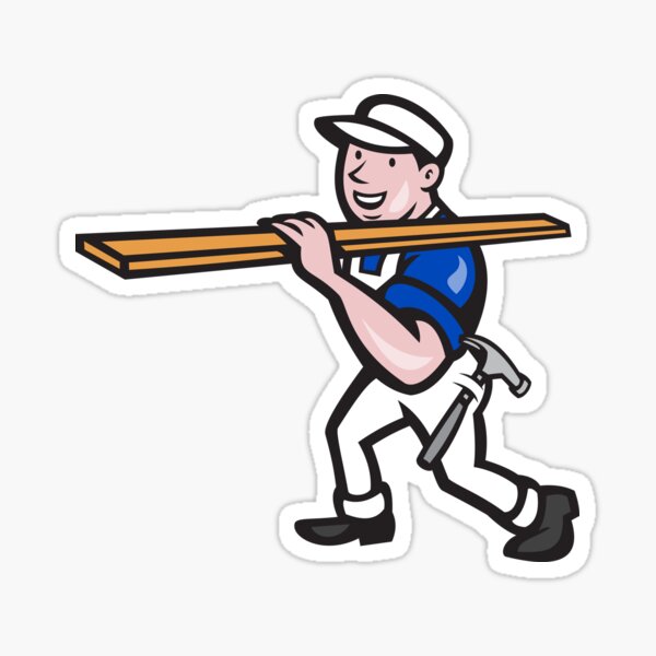 Carpenter Worker Carrying Timber Cartoon Sticker