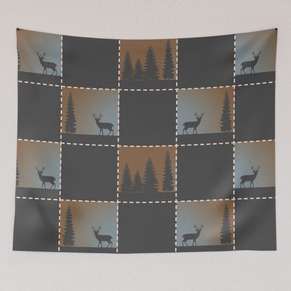 Item preview, Golden Orange Sunset Deer Silhouette with Evergreen Trees and Black Checkerboard Pattern designed and sold by infinitygrafix.