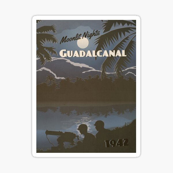 Vista previa del artículo con la obra «Guadalcanal 1942 - Cartel de viaje en una noche iluminada por la luna», diseñado y vendido por The War Effort.