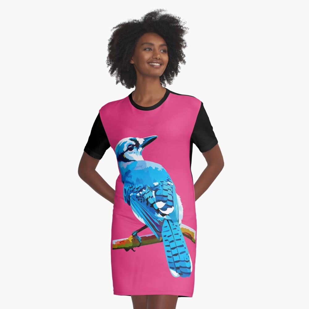Blue Jay with Cherry Blossoms portrait Graphic T-Shirt Dress