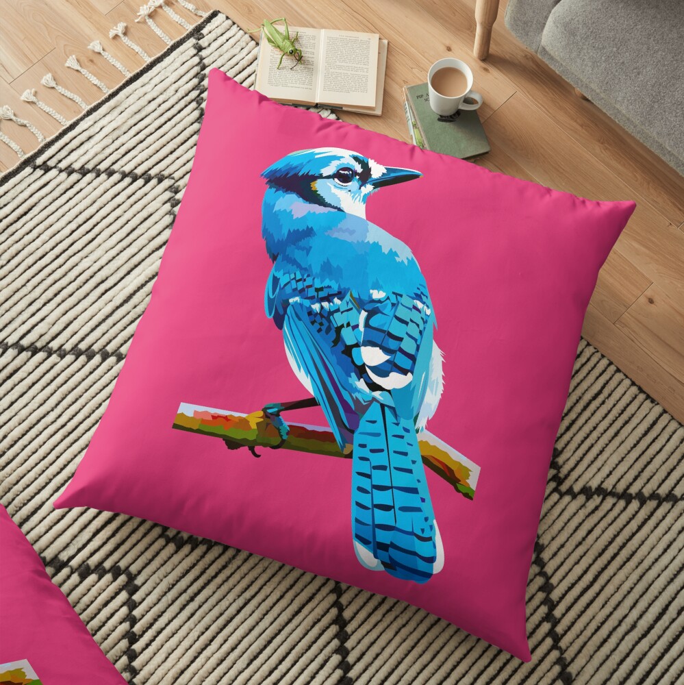 Blue Jay with Cherry Blossoms portrait Floor Pillow