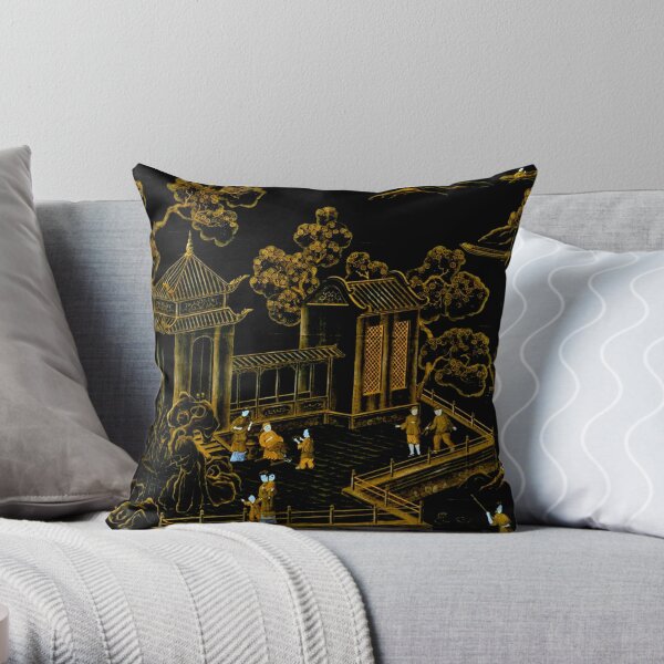 BLACK AND GOLD PAGODAS ORIENTAL SILK BONSAI DESIGN Throw Pillow