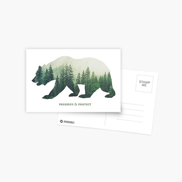 Preserve & Protect Nature Double Exposure Bear Silhouette Trees Forest Save the Environment Climate Change Wilderness Hiking Camping Postcard
