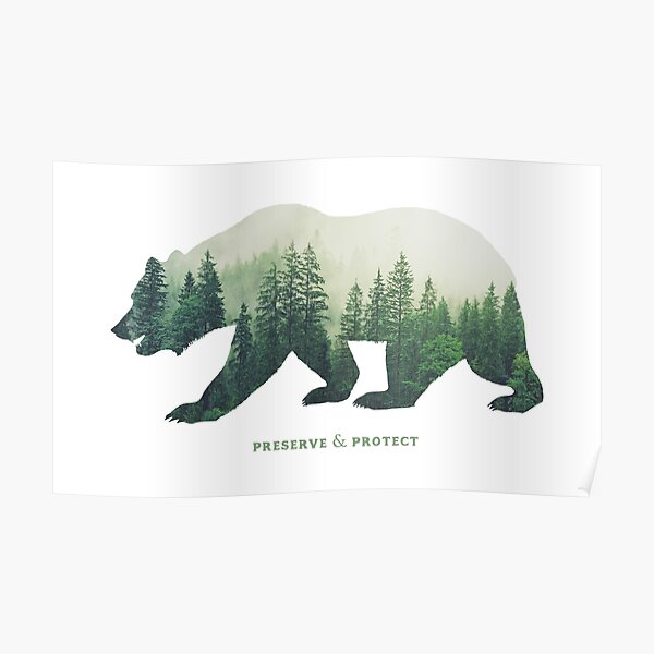 Natur schützen und schützen Doppelte Belichtung Bär Silhouette Bäume Wald Umwelt schützen Klimawandel Wildnis Wandern Camping Poster