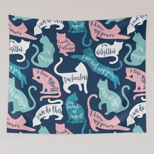 Item preview, Be like a cat // midnight blue background white pastel pink aqua and teal cat silhouettes with affirmations designed and sold by SelmaCardoso.