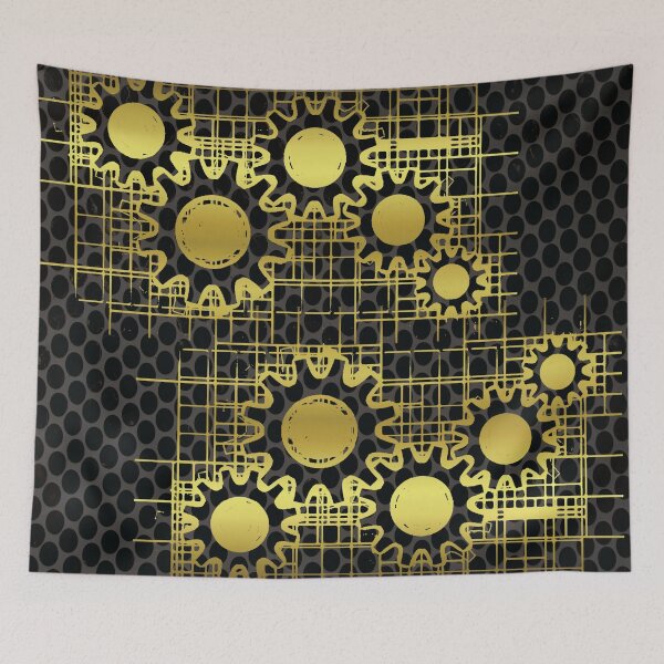 Item preview, Golden Metallic Gears with Perforated Metal Pattern On Black Background designed and sold by infinitygrafix.