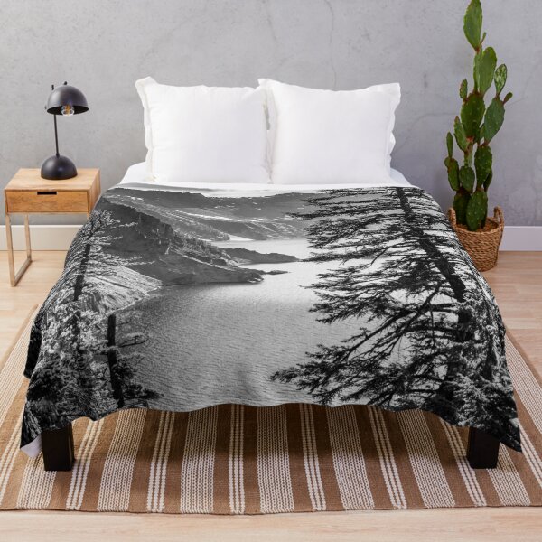 Mountains and Forest Lake Water - Black and White Crater Lake Oregon Throw Blanket