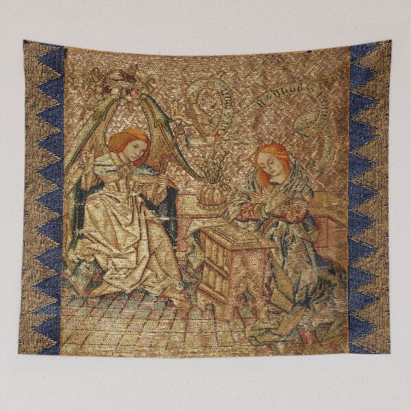 Item preview, ANNUNCIATION ANTIQUE GOLD BLUE EMBROIDERY Archangel Gabriel and Virgin Mary designed and sold by BulganLumini.