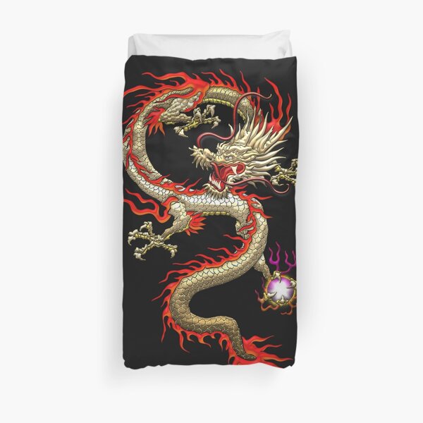 Golden Chinese Dragon Fucanglong on Black Duvet Cover