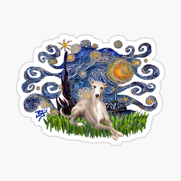 Starry Night Free Form with a Fawn Whippet (lying down) Sticker
