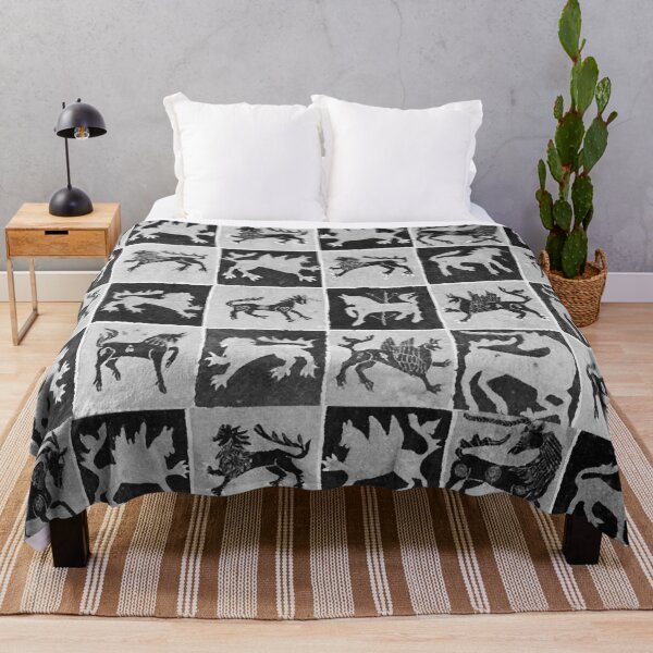 Item preview, BLACK WHITE MEDIEVAL BESTIARY, DEERS, UNICORNS LIONS  Antique Scandinavian Tapestry designed and sold by BulganLumini.
